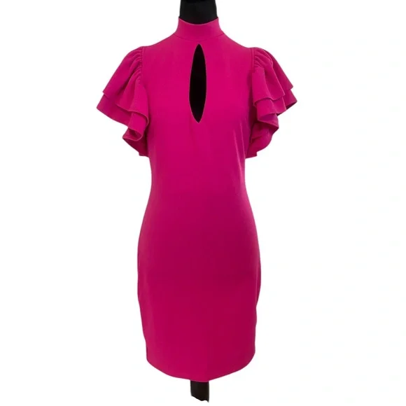 Ruffle sleeve fuchsia, Hot Pink, Magenta Mini Dress,chest cut out,Large, New - Picture 6 of 6